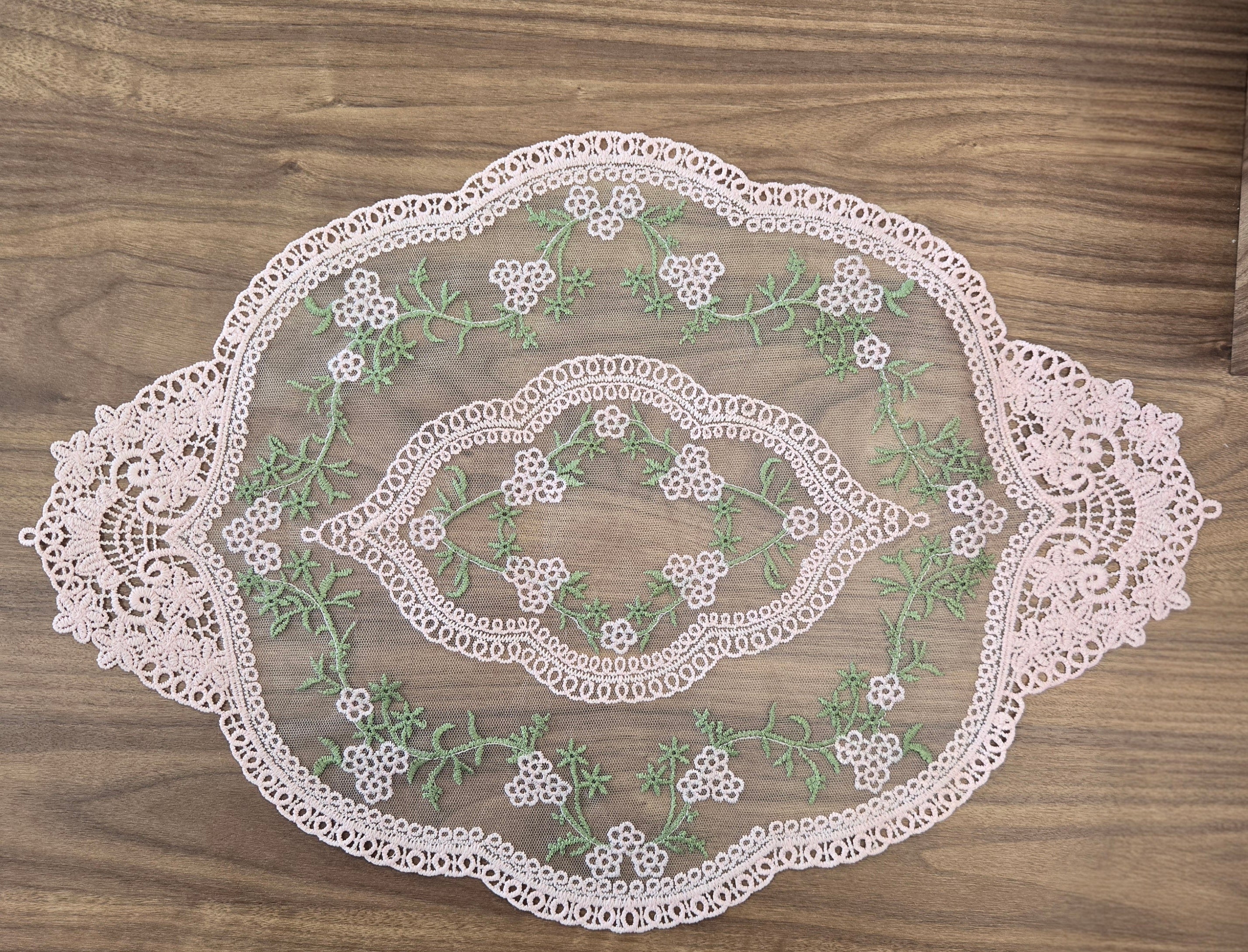 Vintage Floral Lace Doily – Pink Embroidered Table Decor