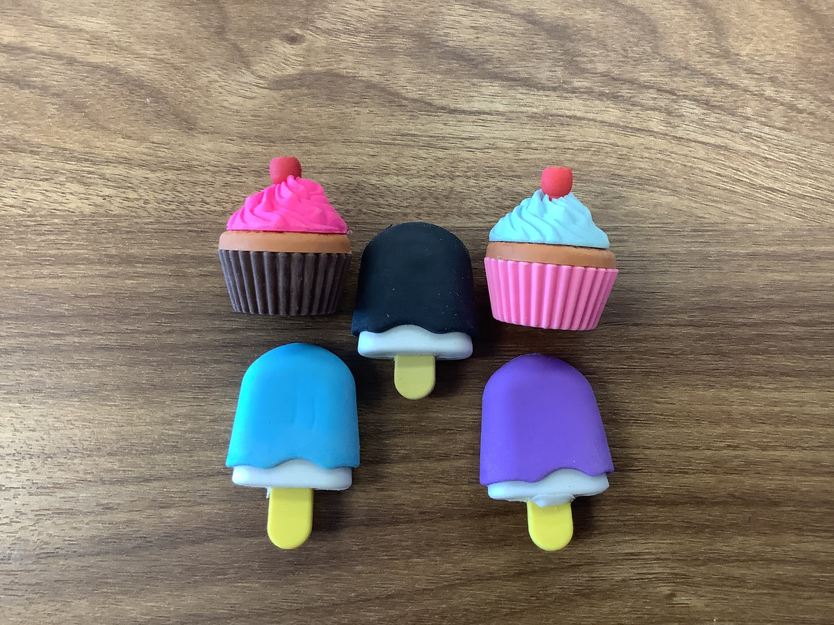 Little popsicle and cupcake erasers