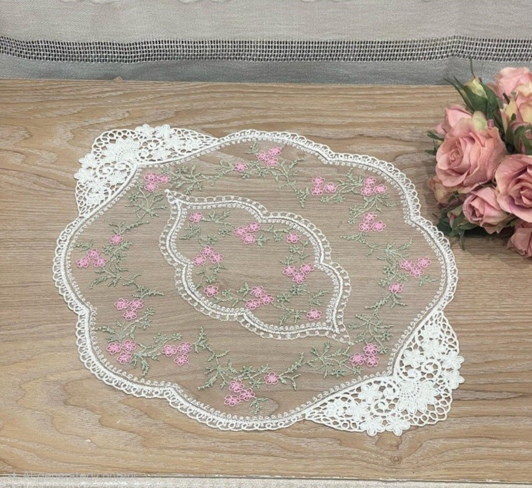Vintage Floral Lace Doily – Pink or white Embroidered Table Decor